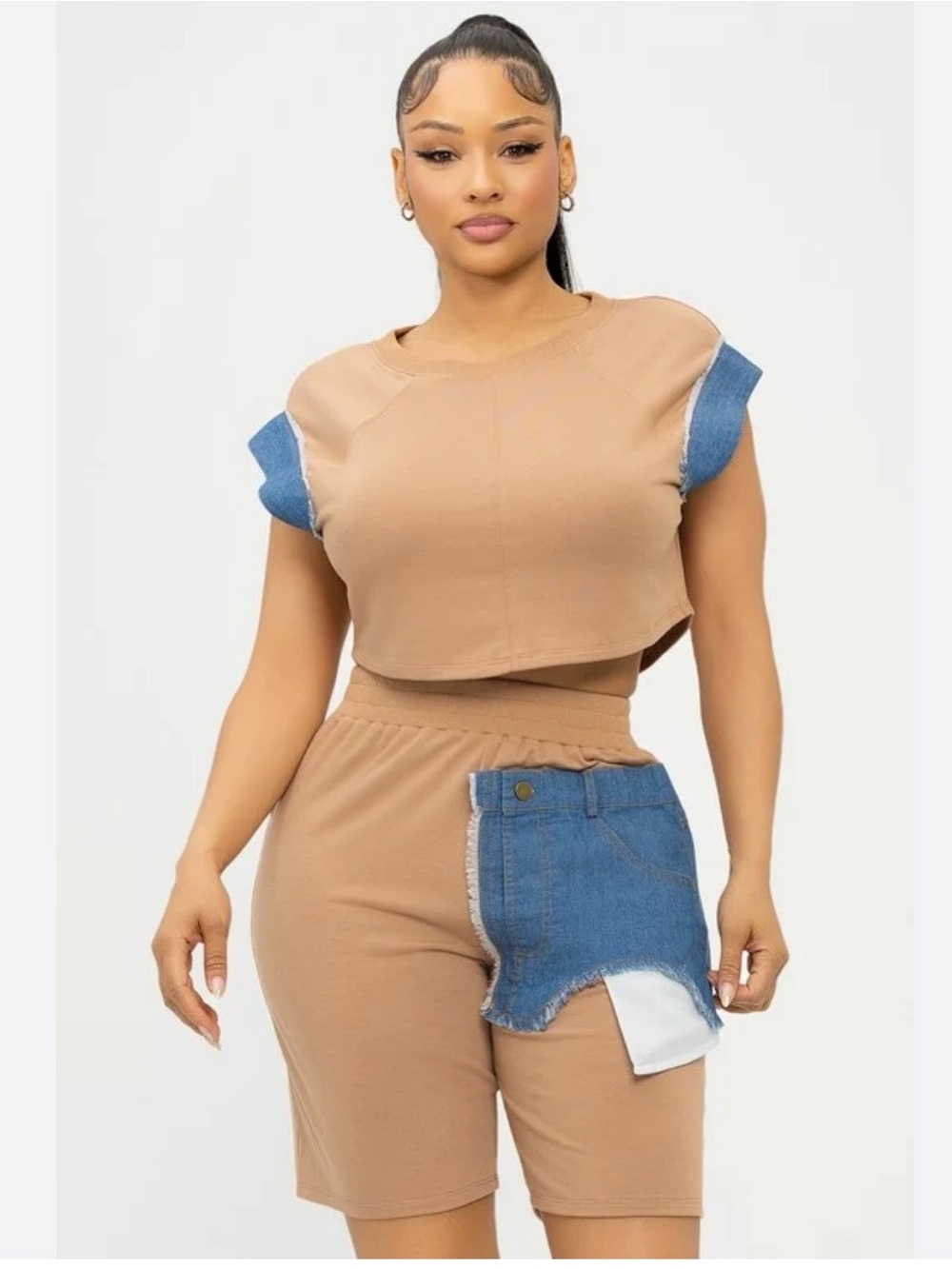 Julia By Love J Women's Two-Tone Tan and Blue Denim Patch Shorts Set